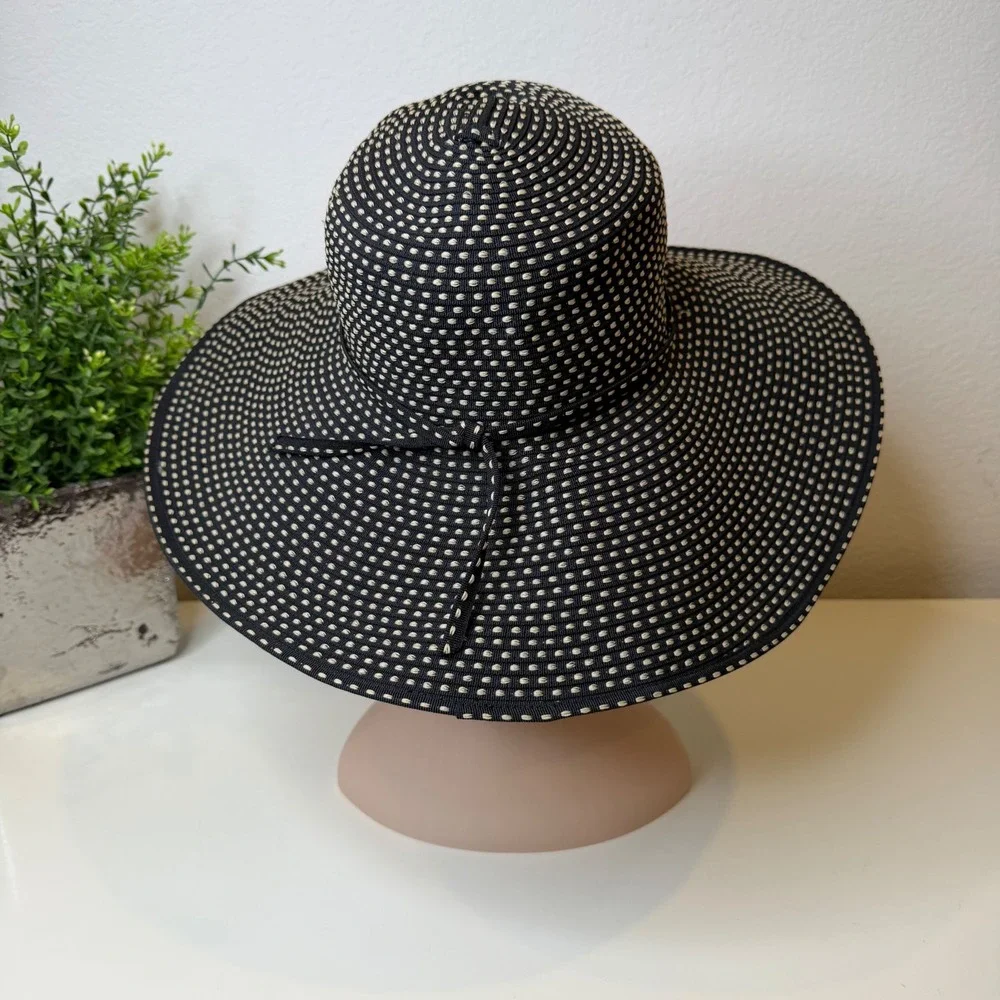 San Diego Hat Co Sun Hat Women Black Polka Dot Wide Brim Ribbon OS